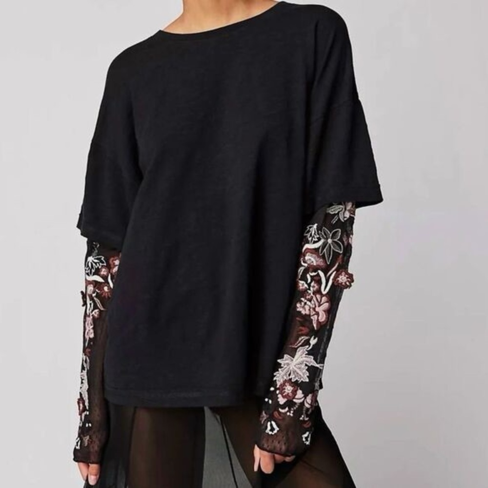 Free People Gardener embroidered layered look tee